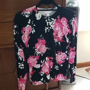 Charter Club Black and Pink Floral Sweater Size Small